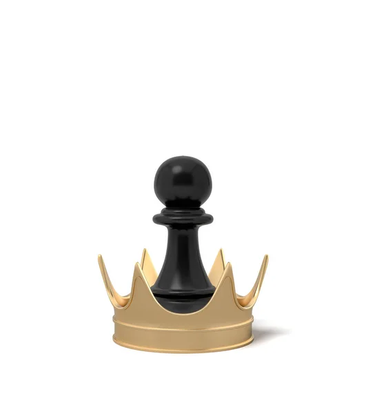 黒チェスの 3d レンダリング ポーン、白い背景の上の巨大な黄金の王冠の中に立って. — ストック写真