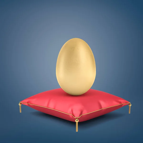 3d rendering of a giant golden egg stands on a red silk cushion with golden tassels on a blue background. — Stock Photo, Image