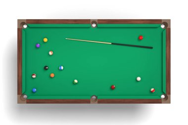 bir işaret stick ve yalancılık çevrede birçok renkli topları ile en iyi görünümü'nde bir izole Bilardo masası 3D render.