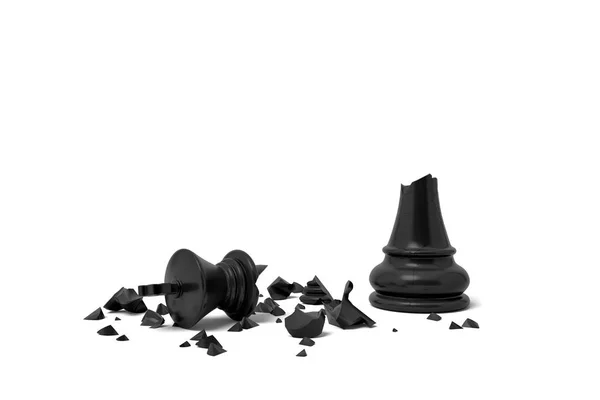 3d rendering di un re di scacchi completamente rotto nero si trova in macerie su uno sfondo bianco . — Foto Stock