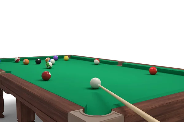 Rendering 3D di un tavolo da biliardo con un bastone da stecca che punta dall'angolo e colpisce una palla bianca . — Foto Stock