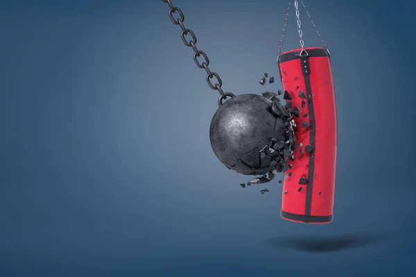 3d representación de una gran bola de hierro demolición se rompe en pedazos cuando se golpea una bolsa de boxeo . —  Fotos de Stock
