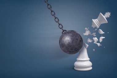 3D render kadarolanlar bir dev demir bir beyaz satranç Kral hits ve ikiye keser.
