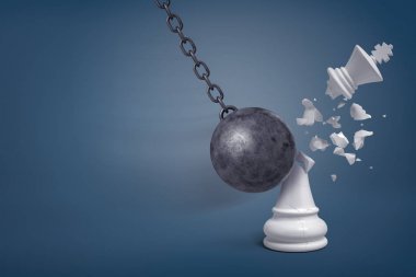 3d rendering of a giant iron wrecking ball hits a white chess king and breaks it in half. clipart