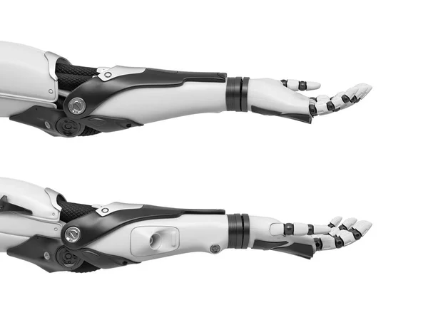 3d representación de conjunto de dos manos robóticas en blanco y negro con las palmas abiertas hacia arriba . —  Fotos de Stock