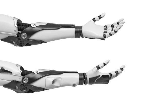 3D-Darstellung von zwei schwarz-weißen Roboterhänden mit offenen Handflächen und entspannten und herausstehenden Fingern. — Stockfoto