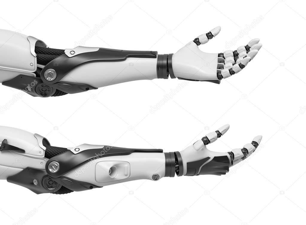 3d rendering of set of two black and white robotic hands with palms open and fingers relaxed and sticking out.