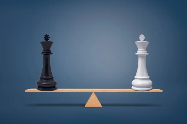 3d renderização de um branco e um preto xadrez reis estão equilibrados em um tabuleiro de madeira seesaw . — Fotografia de Stock