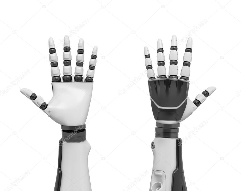 3d rendering of two robotic arms with all fingers sticking out shown from the palm and from the back.