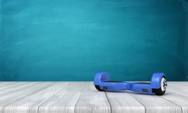 3d rendering of blue hoverboard on white wooden floor and dark turquoise background clipart