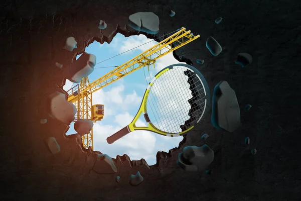 3d rendering van hijskraan dragen tennis racket dat breekt door zwarte muur met blauwe lucht gezien door. — Stockfoto