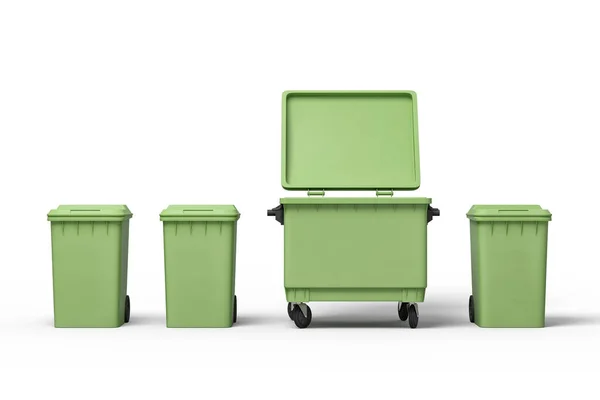 3d representación de cuatro botes de basura verde de pie en fila — Foto de Stock