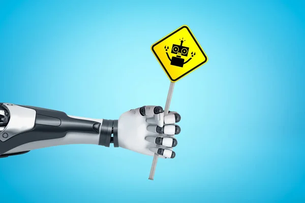 Ρομποτική χέρι κρατώντας κίτρινο σήμα δρόμο ρομπότ σε μπλε φόντο — Φωτογραφία Αρχείου