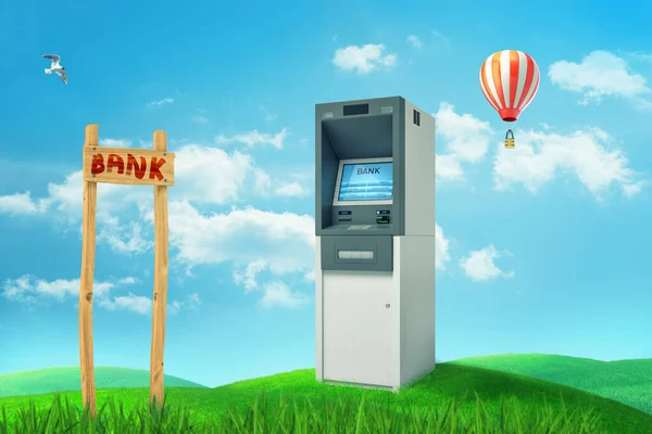 3d rendering of ATM machine and Bank sign on green grass background with hot air balloon in the air