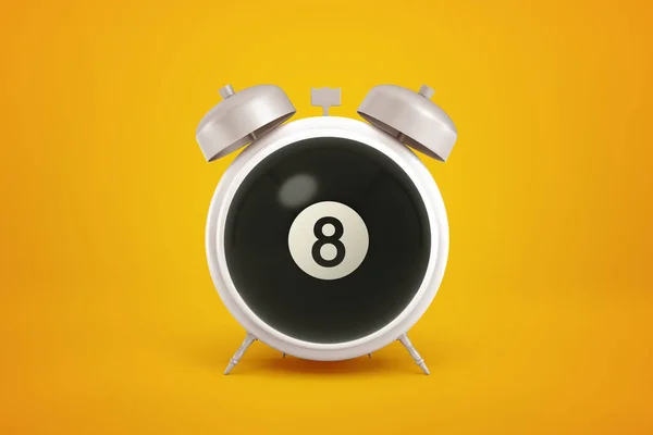 3d close-up rendering of light-grey alarm clock with big black snooker ball with number 8 on it instead of clockface on yellow background. — Stock Photo, Image