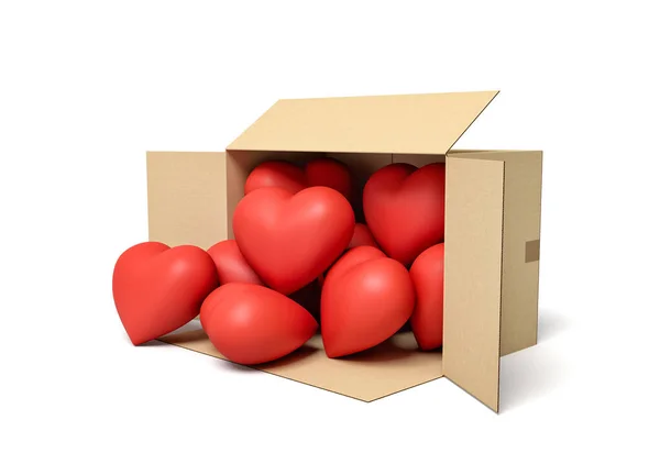 3d representación de caja de cartón abierta acostado lateral con lindos corazones rojos dentro y varios fuera . — Foto de Stock