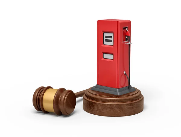 3D-Darstellung der roten Tankstelle auf rundem Holzblock und braunem Holzgabel — Stockfoto