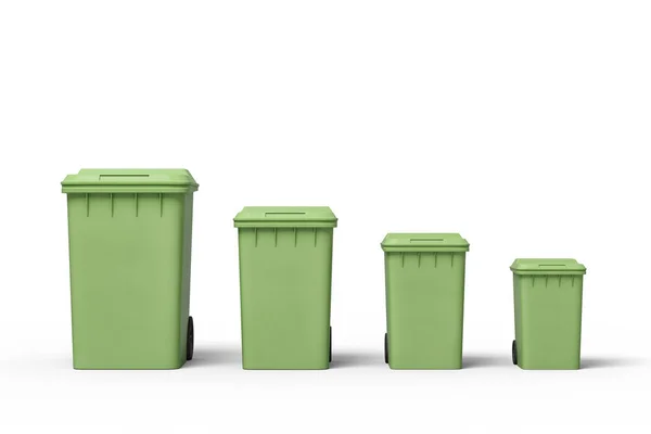 3D-Darstellung von vier grünen Mülltonnen in einer Reihe nach Größe von der größten bis zur kleinsten. — Stockfoto