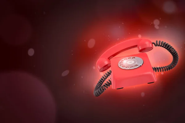 3d weergave van rode retro telefoon op donker neon rode achtergrond — Stockfoto