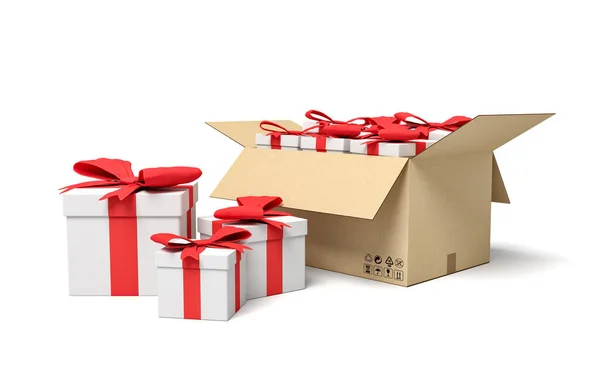 Rendering 3d di scatole regalo in scatola di cartone . — Foto Stock
