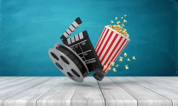 3D-Darstellung von Popcorn-Eimer, Filmspule und Klappbrett, die auf dem Holzboden in der Nähe der blauen Wand stehen. — Stockfoto
