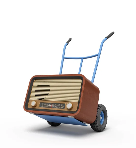 3d renderização de azul mão caminhão de pé em meia volta com rádio retro marrom definido sobre ele . — Fotografia de Stock