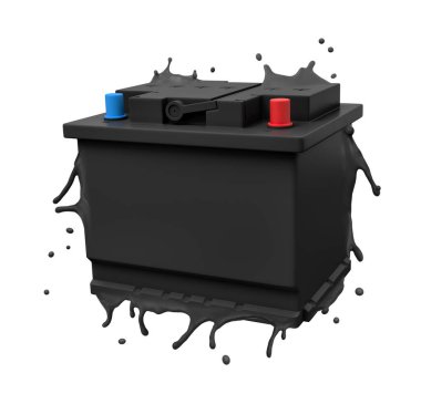 Beyaz zemin üzerinde siyah eriyen araba aküsünün 3D görüntülenmesi.