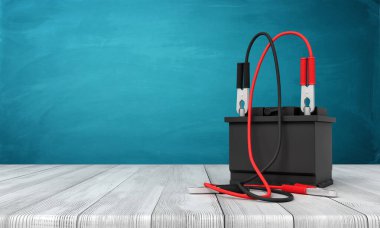 Mavi duvar arka plan üzerinde ahşap yüzey üzerinde duran siyah araba aküsü 3d render.