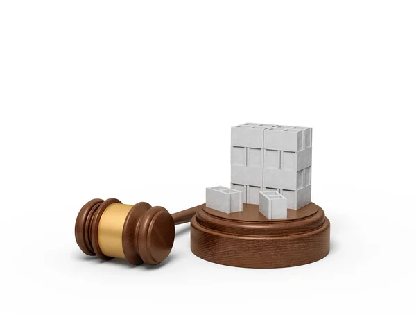 3D-Darstellung eines Stapels grauer Hohlziegel auf klingendem Block mit daneben liegendem Richtergabel. — Stockfoto