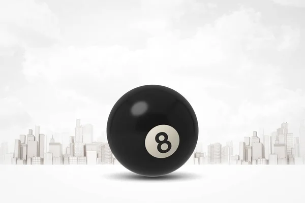 3d rendering of black pool and billiardl ball on white city skyscrapers background — Stock Photo, Image