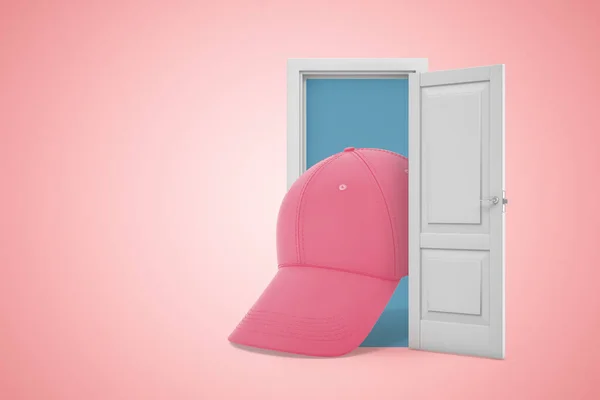 3D-återgivning av rosa baseball mössa framträder från vit dörr på rosa kopierar utrymme bakgrund. — Stockfoto
