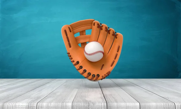 3D vykreslování oranžové baseballové rukavice s baseballovým míčkem zavěšeným ve vzduchu nad dřevěným povrchem poblíž modré stěny s kopírovacím prostorem. — Stock fotografie