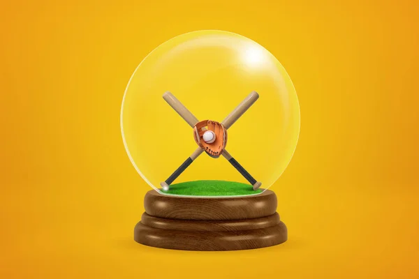 3d representación de dos bates de béisbol, bola y guante en un globo de nieve sobre fondo amarillo — Foto de Stock