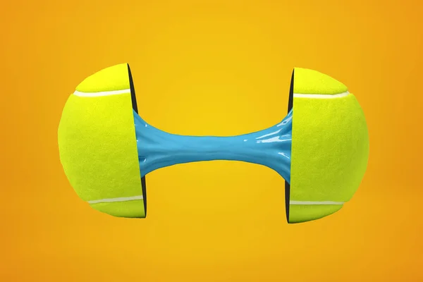 3d rendering of yellow tennis ball broken in two parts with blue sticky slime inside on yellow background — ストック写真