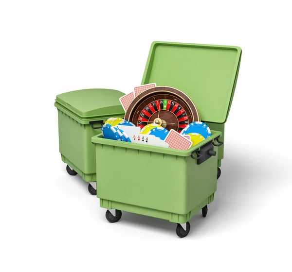 카지노 룰렛, 칩, 카드가 들어 있는 녹색 쓰레기통의 3 차원 렌더링 — 스톡 사진