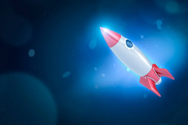 3d rendering of silver red space rocket on dark neon blue background — ストック写真
