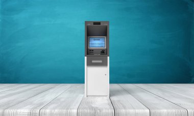 Beyaz ahşap zemin ve koyu turkuaz arka plan üzerinde Atm makine3d render