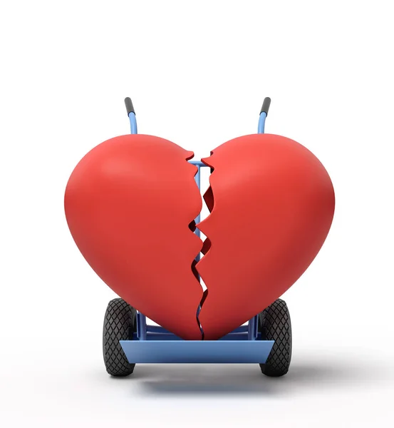 3d rendering of broken big red heart on a hand truck — Stock Photo, Image