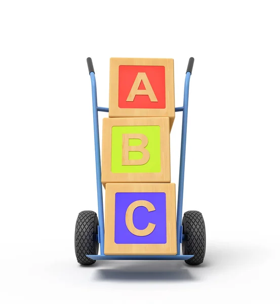 3D απόδοση των πολύχρωμων μπλοκ παιχνιδιών αλφάβητο δείχνει Abc υπογράψει σε ένα φορτηγό χέρι — Φωτογραφία Αρχείου