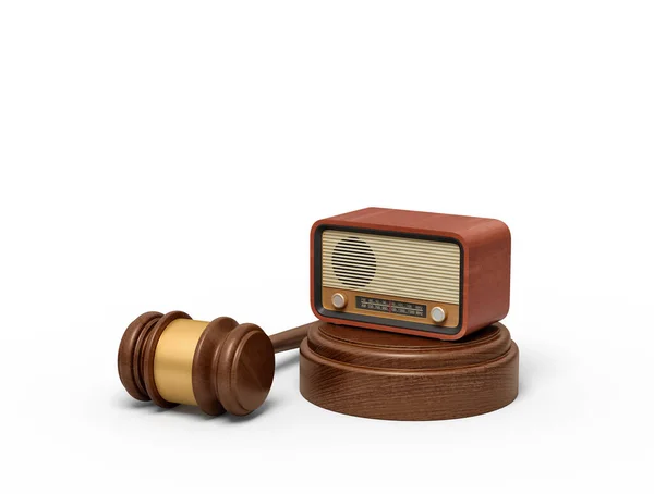 3d rendering of retro radio set on sounding block with brown gavel lying beside.