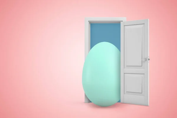 3d rendering of open door on pink gradient copyspace background and big light-blue egg standing in doorway.