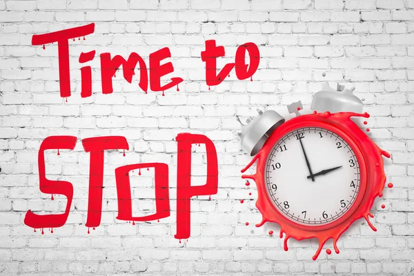 3d rendering of melting red alarm clock smashed into white brick wall with title Time to STOP.