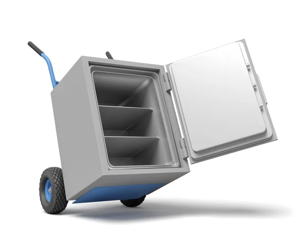 3d rendering of open big light-grey metal safe on blue hand truck. — Stockfoto