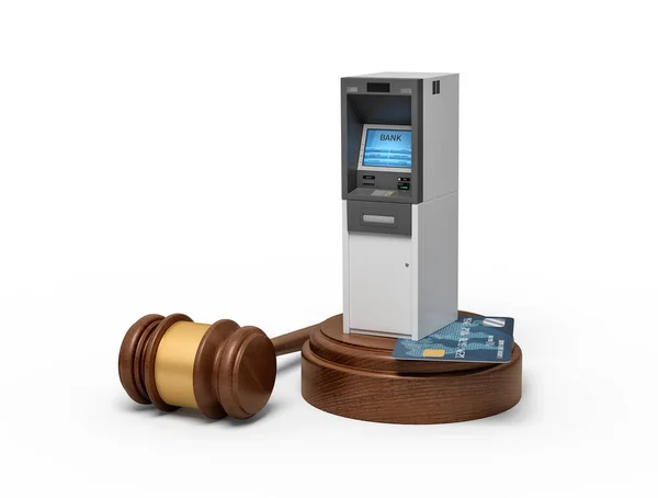 3d representación de martillo de madera marrón con cajero automático y tarjeta bancaria en bloque de madera redonda . — Foto de Stock