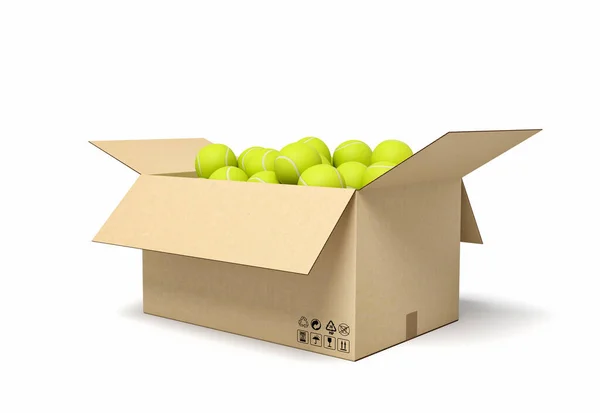 Rendering 3D di palline da tennis gialle in scatola di cartone . — Foto Stock