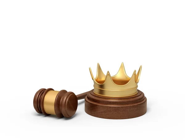 3d rendering of golden crown on round wooden block and brown wooden gavel — Stock Photo, Image