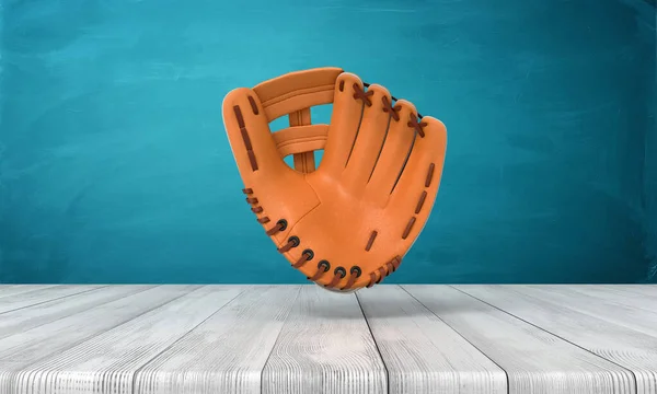 3D renderização de luva de beisebol de couro no chão de madeira branco e fundo azul-turquesa escuro — Fotografia de Stock