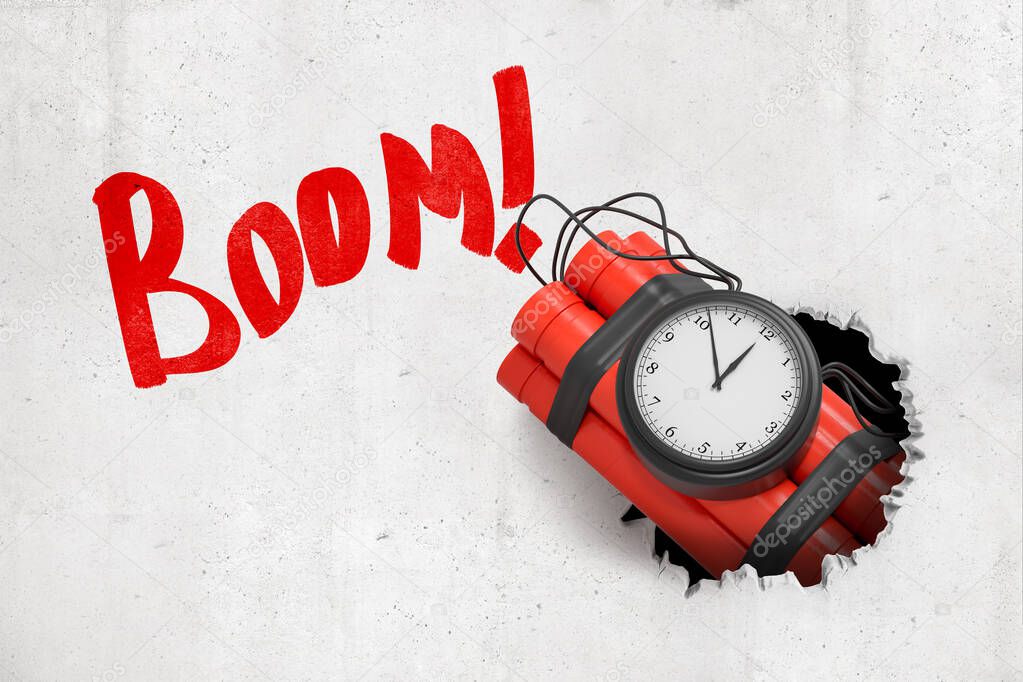 3d rendering of red dynamite stick time bomb breaking white wall with Boom sign on white background