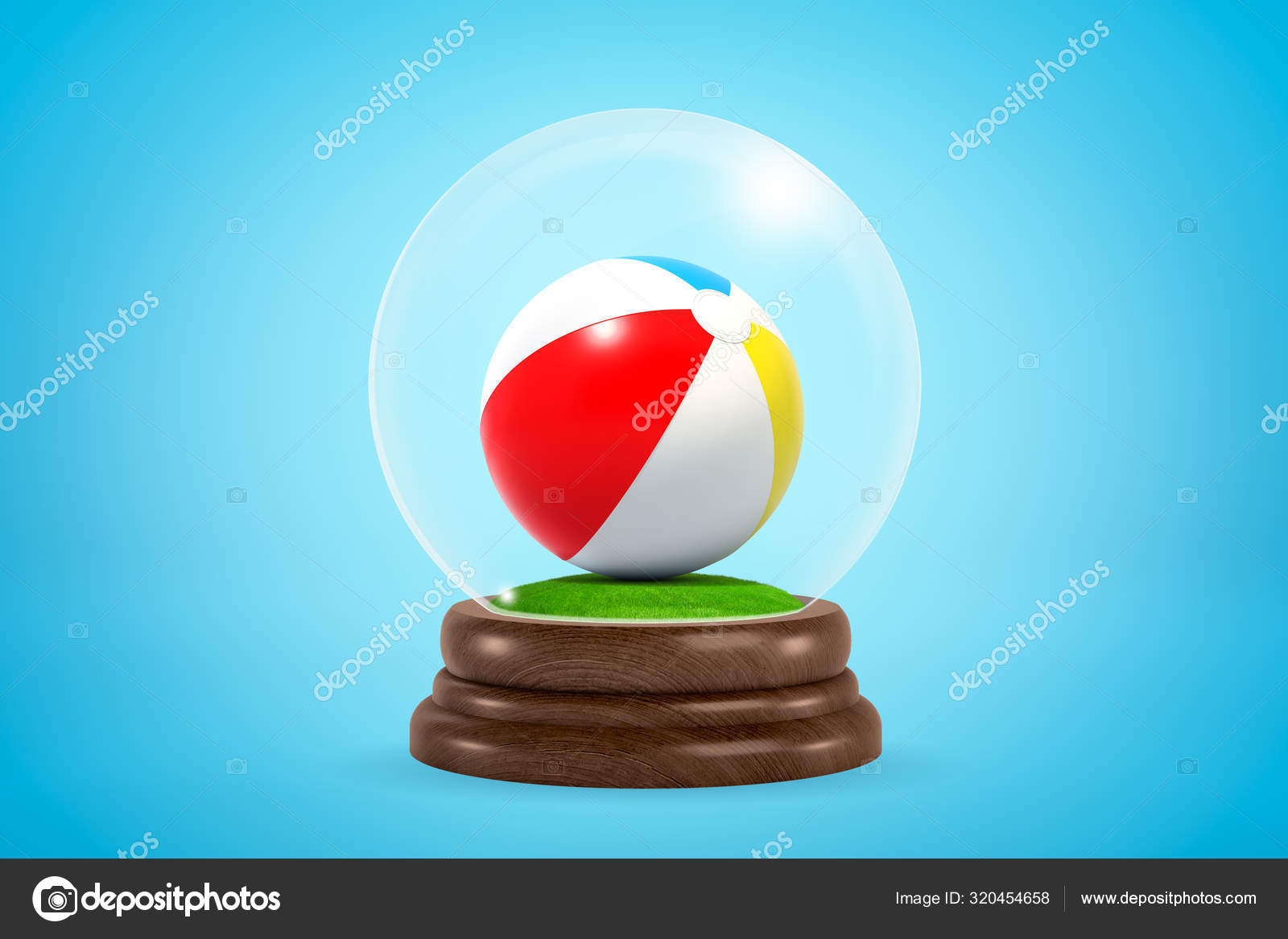 3d rendering of striped beach ball inside glass ball globe on light