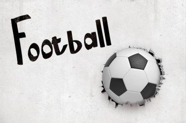 Siyah futbol işaretiyle beyaz duvarı kıran futbol topunun 3D görüntüsü.